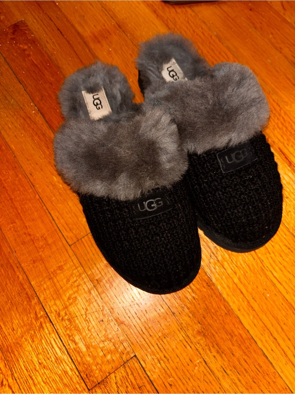 UGG Women's Black Knit Slippers with Gray Fur Collar